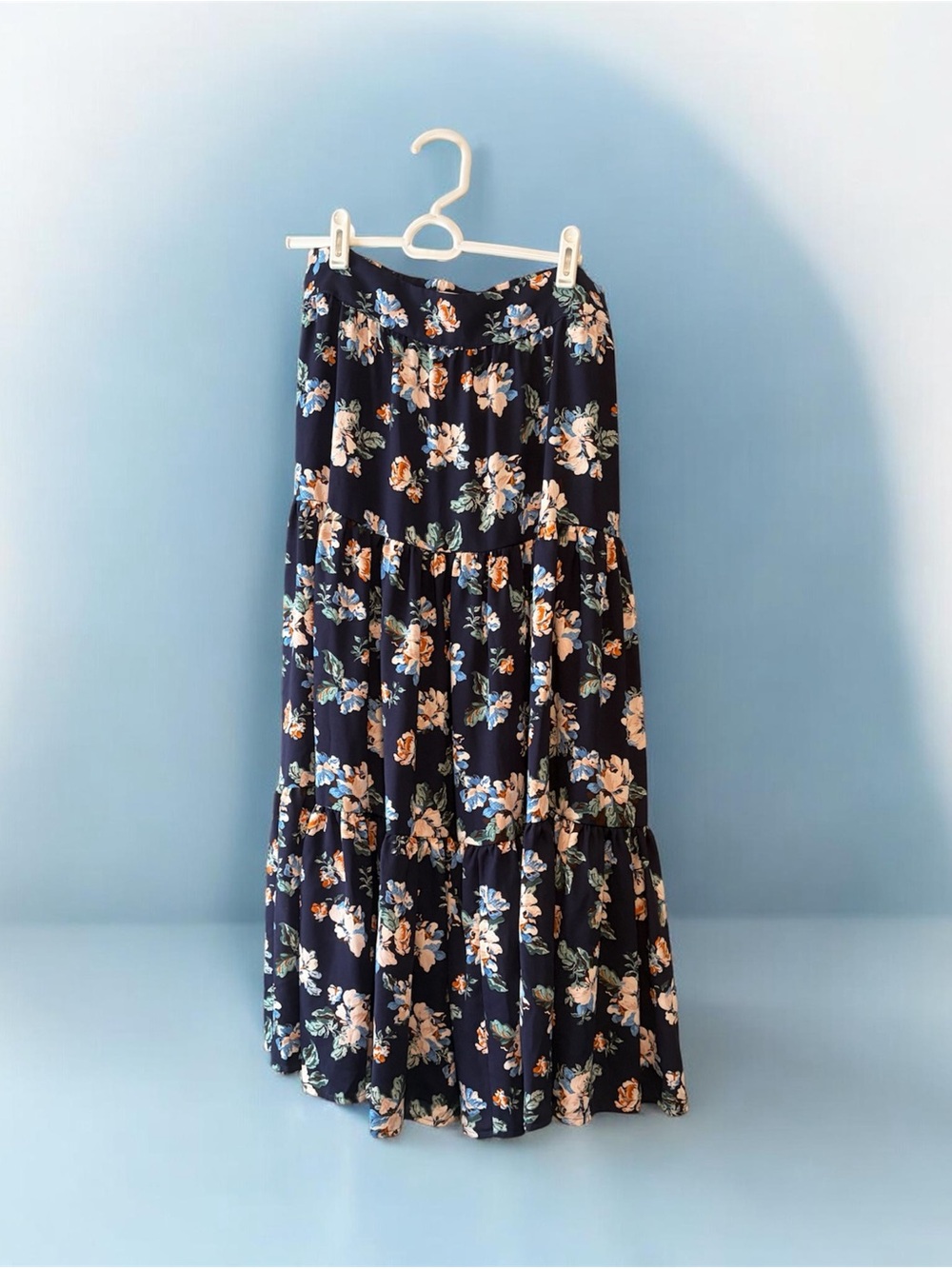 LC Lauren Conrad Navy Floral Tiered Maxi Skirt with Peach and Light Blue Blooms